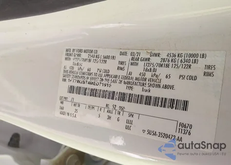 2021 Ford F-250 Xlt z USA, uszkodzony, nr VIN 1FT7W2BT4MED71915